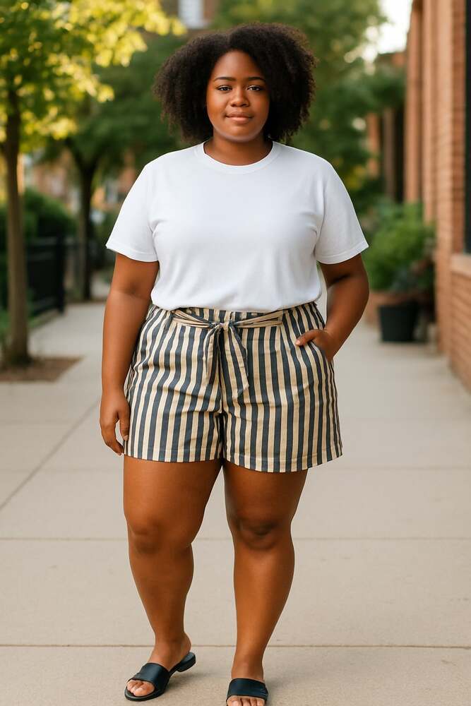 New York Company Women Short 4 White Striped Rayon Blend Belted Regular Bermuda